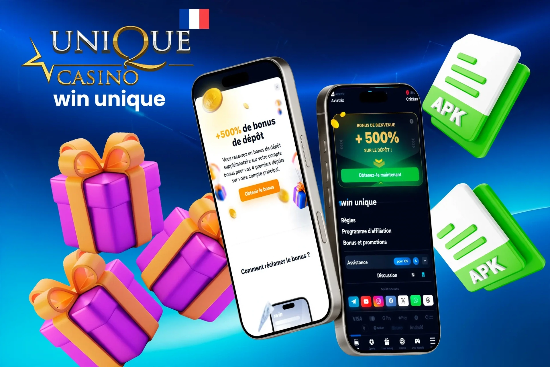 Promotion de l'application mobile WinUnique avec bonus de dépôt de 200% jusqu'à 500€ et 100 tours gratuits, illustration de boîte cadeau