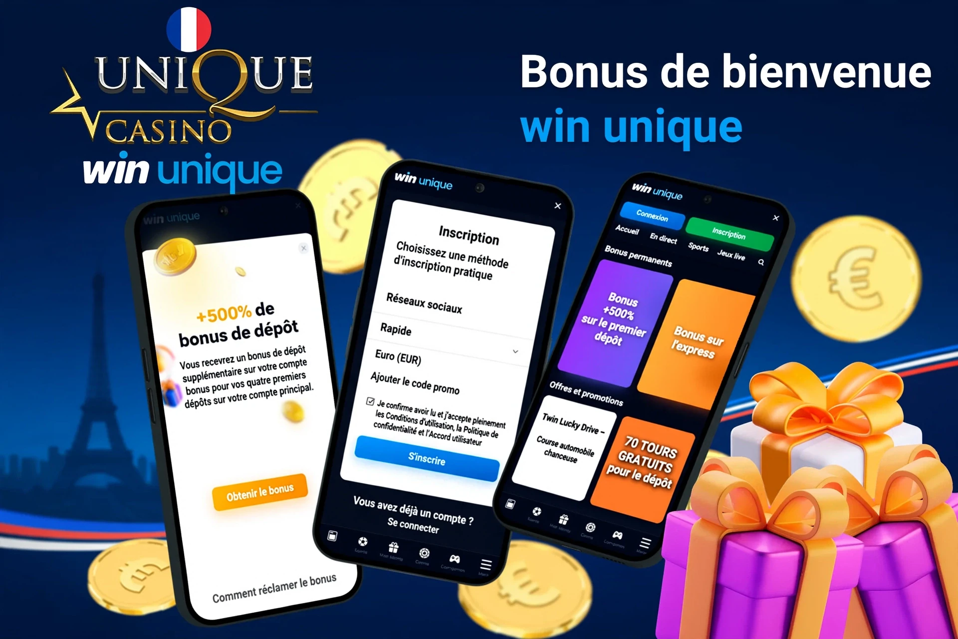 Écrans mobiles montrant l'inscription à WinUnique et le bonus de dépôt de 200% jusqu'à 500€ avec des coffrets cadeaux