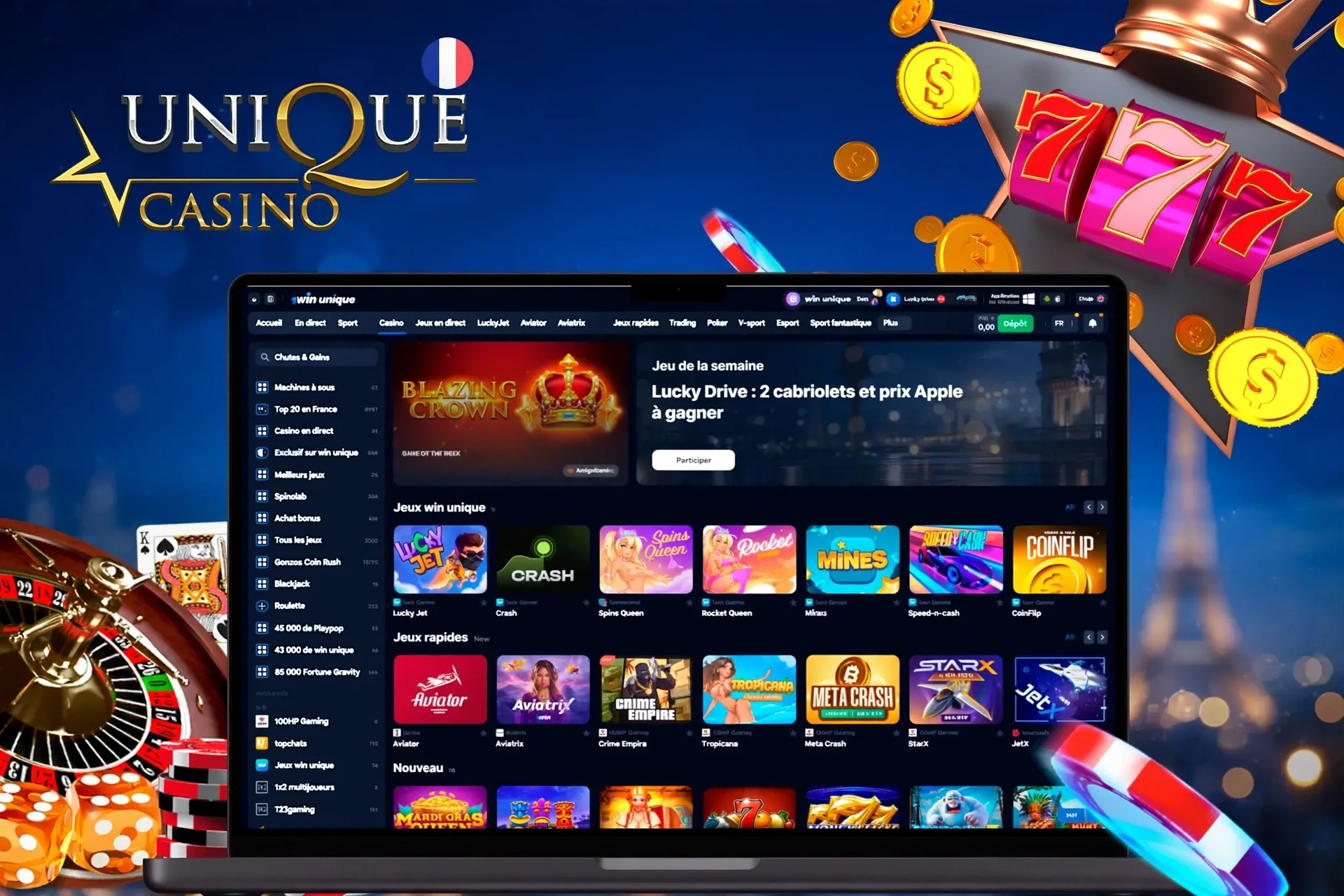 Page d'accueil du casino avec différentes machines à sous et jeux crash, incluant Lucky Jet et Blazing Crown