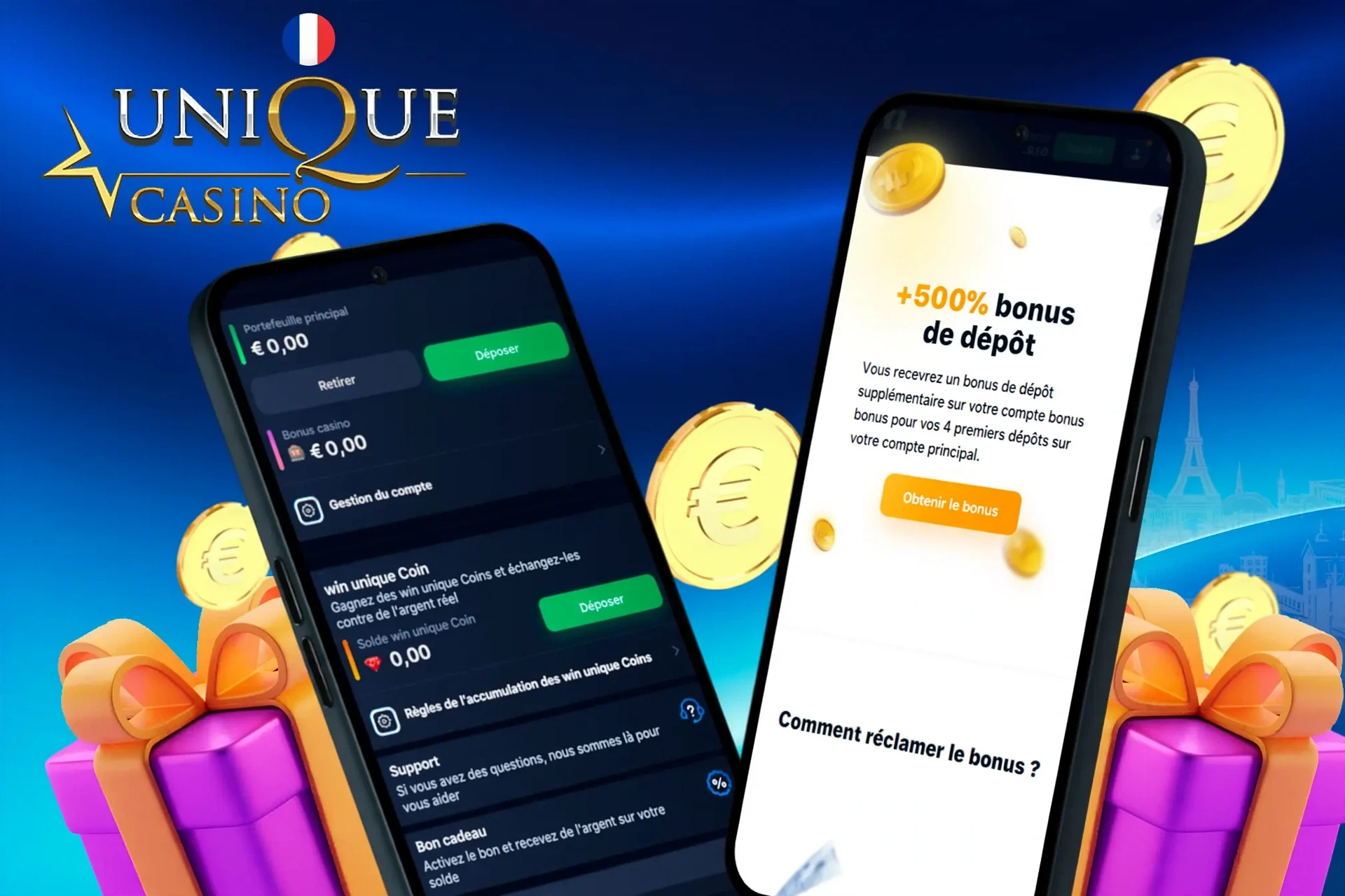 écran de dépôt et retrait montrant le solde du portefeuille, les options de gestion du compte, et une offre de bonus de bienvenue de 200% jusqu'à 500 € + 100 tours gratuits