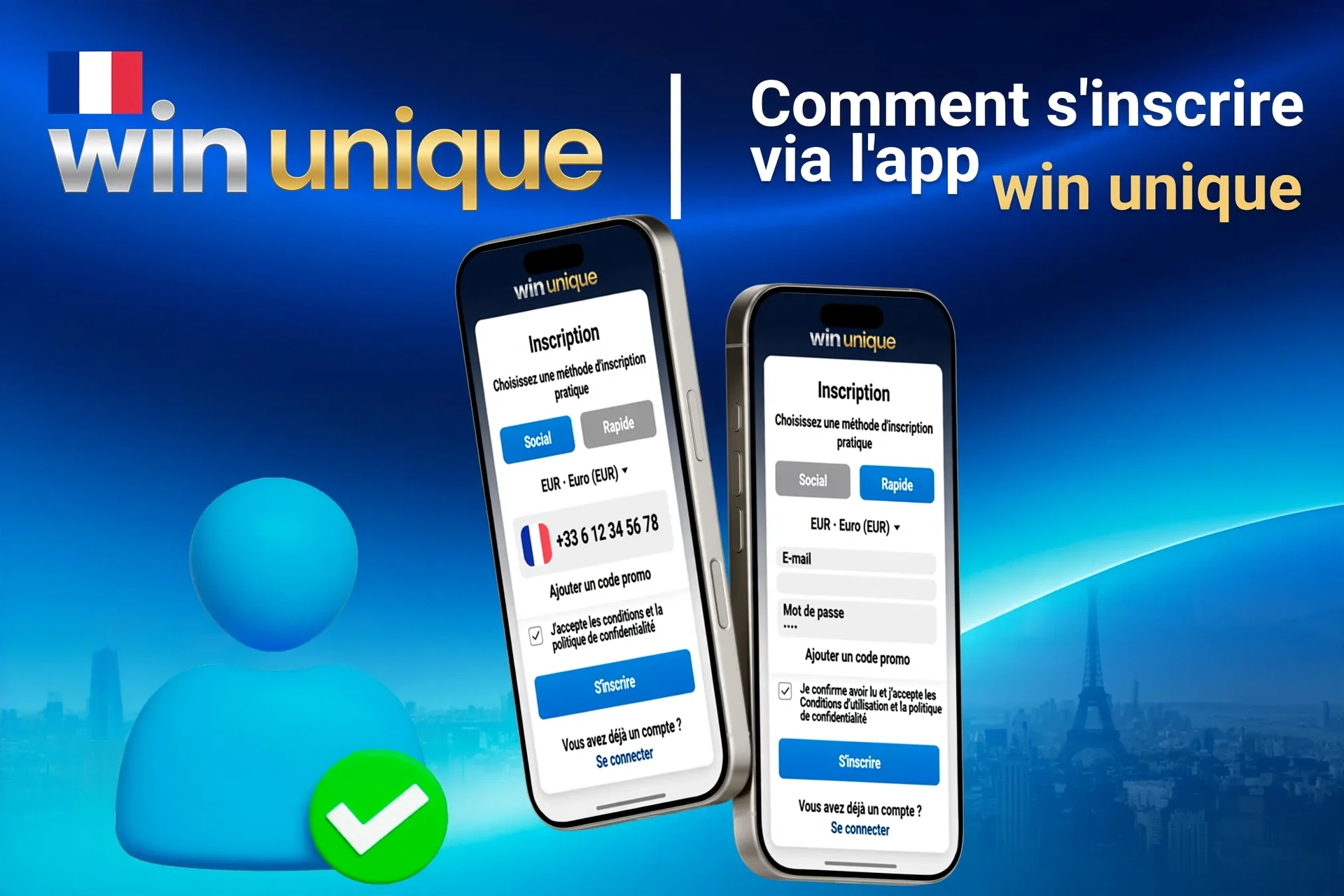 Processus d'inscription sur l'application mobile WinUnique avec options de connexion sociale