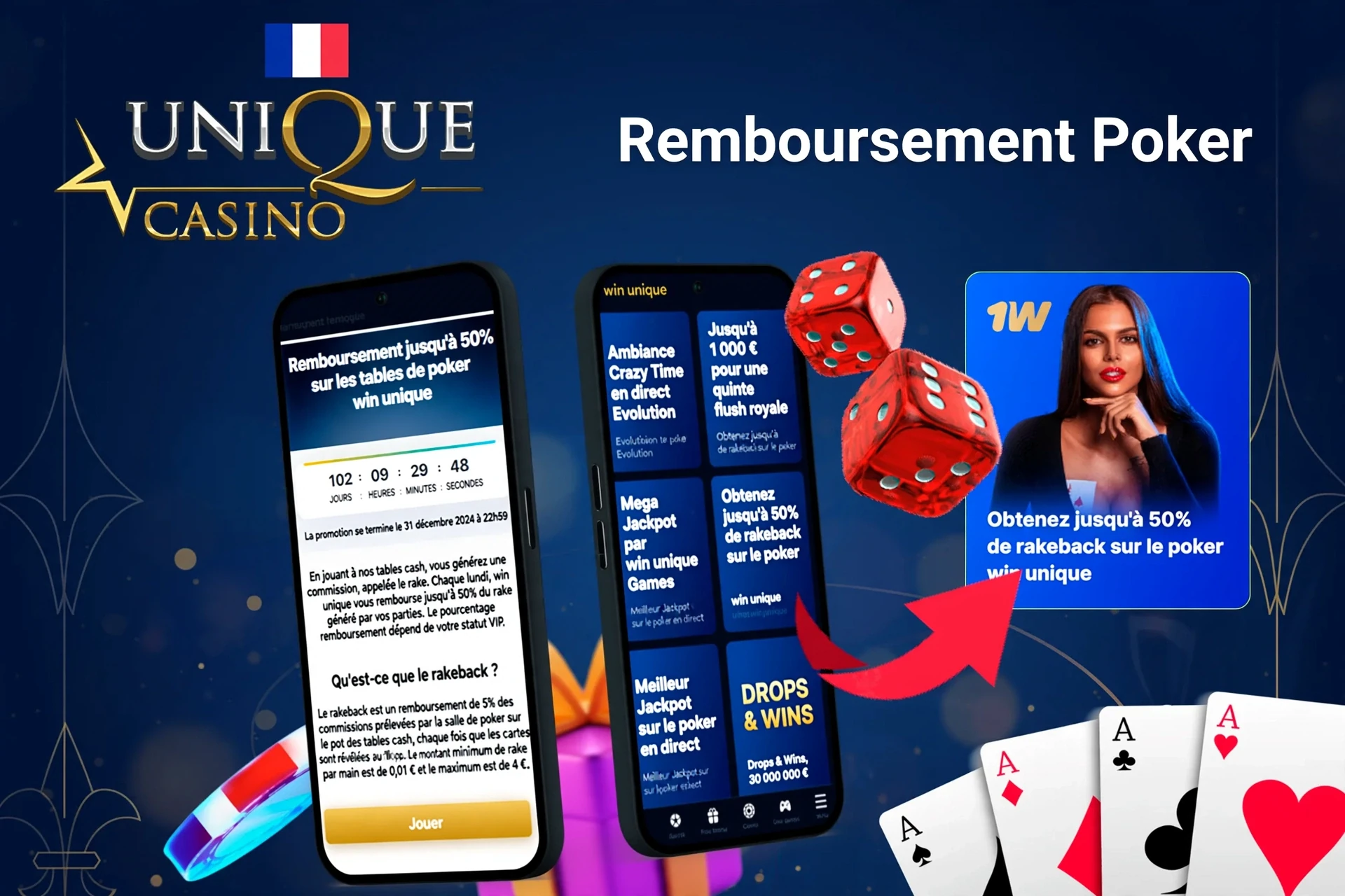 Application mobile avec offre de rakeback poker WinUnique jusqu'à 50%, dés rouges et cartes à jouer
