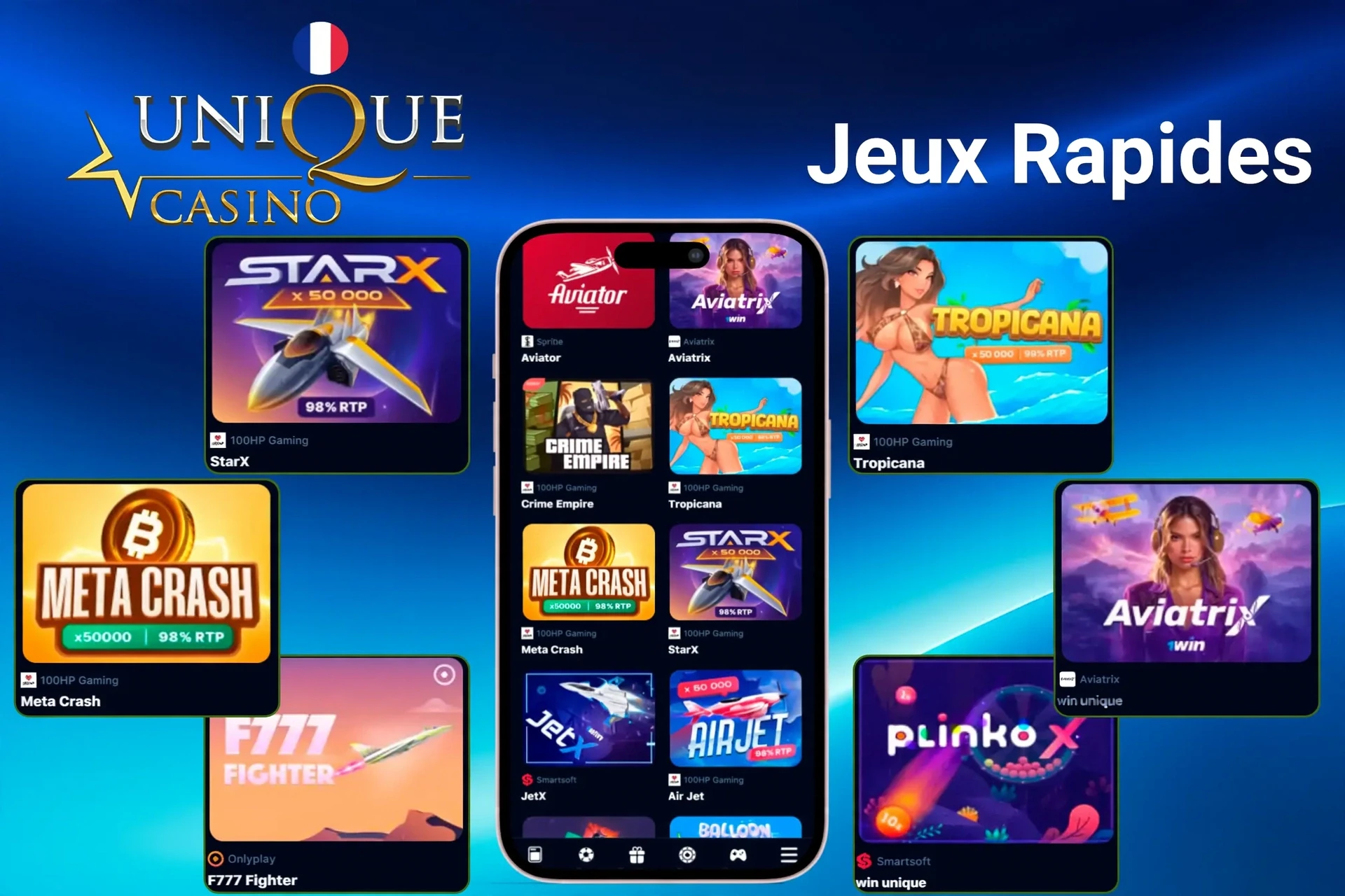section de jeux rapides avec des titres comme StarX, Tropicana, Meta Crash et PlinkoX mis en avant sur l'application mobile
