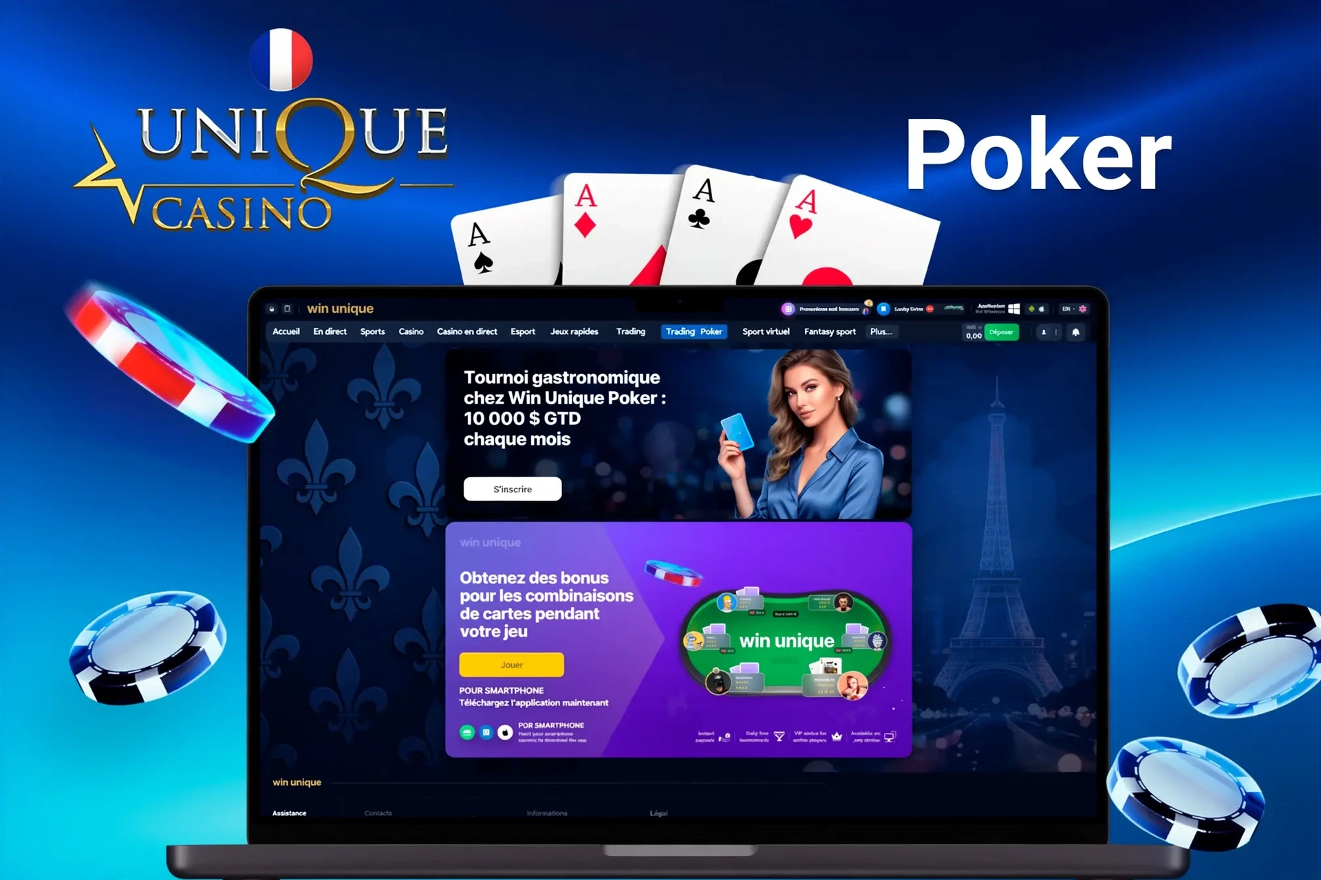 Promotion poker WinUnique présentant un tournoi gourmand avec une dotation garantie de 10 000 $ et des bonus pour les combinaisons de cartes