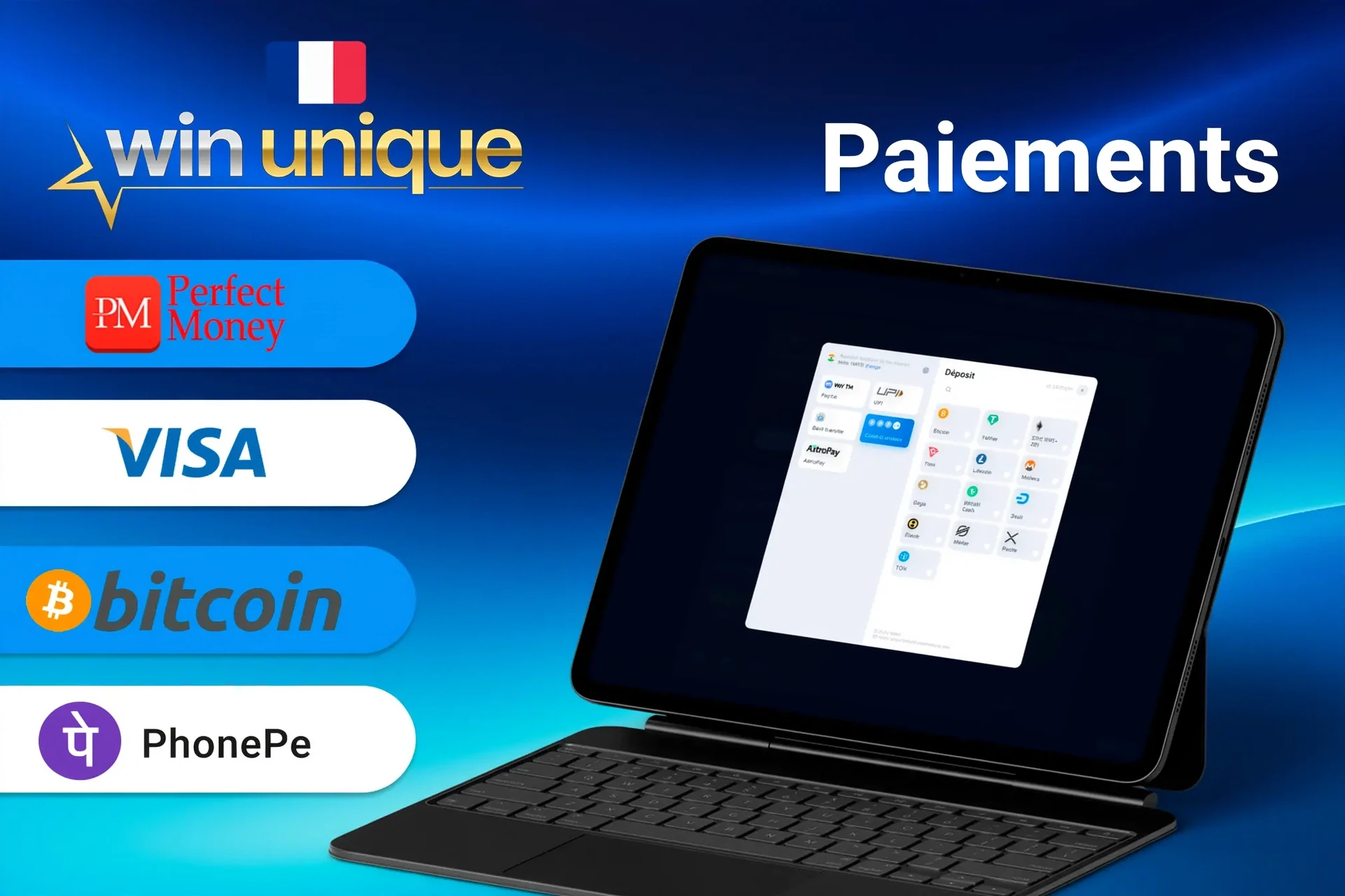 Méthodes de paiement de WinUnique incluant Perfect Money, Visa, Bitcoin et Paylib pour des transactions rapides et sécurisées