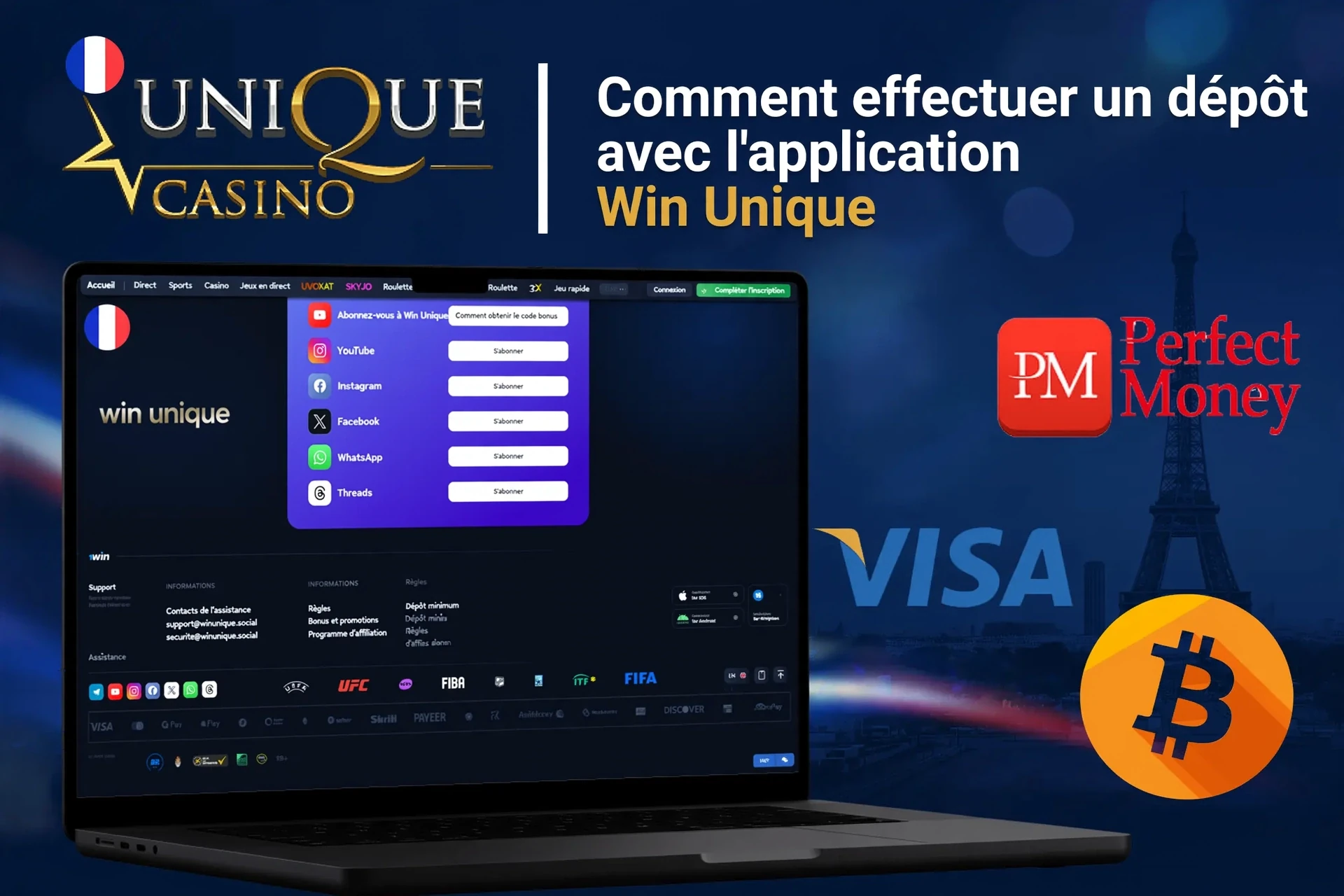 Processus d'inscription sur l'application mobile WinUnique avec options de connexion sociale