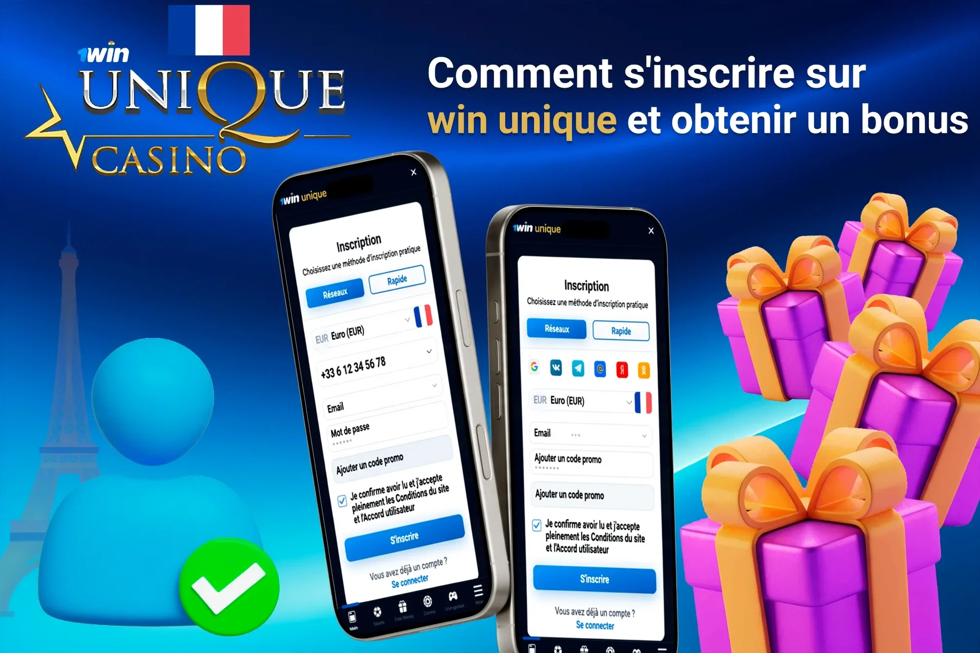 Page d'inscription mobile pour WinUnique affichant des offres de bonus avec boîtes-cadeaux violettes et dorées