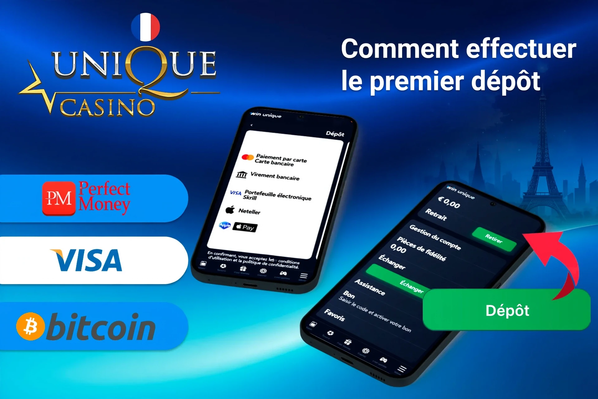 application mobile avec options de dépôt incluant Perfect Money, Visa et Bitcoin, avec bouton de dépôt