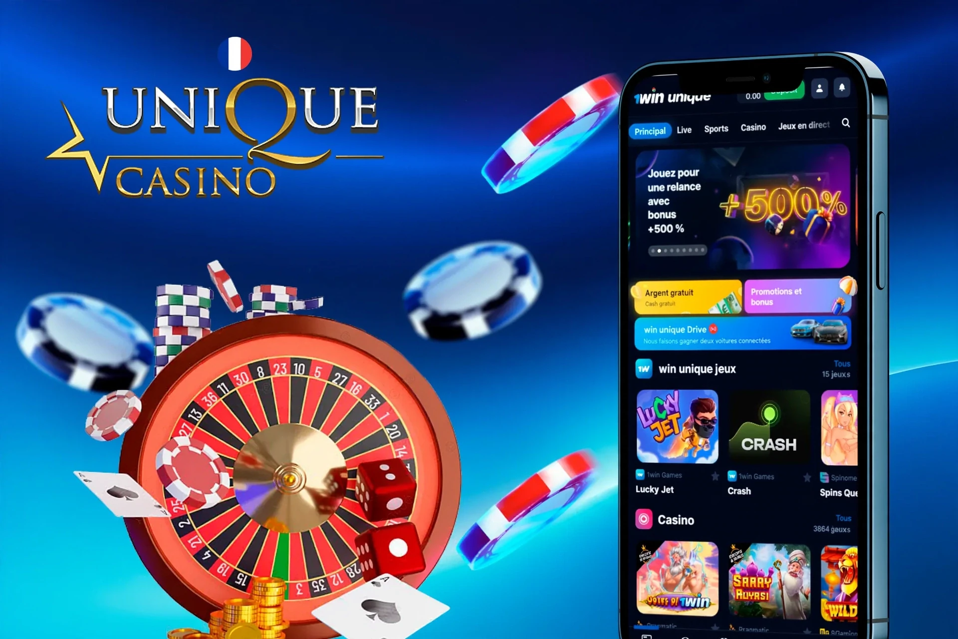 Version mobile de l'application WinUnique affichée sur des smartphones, offrant un accès rapide à diverses fonctionnalités de paris et de jeux