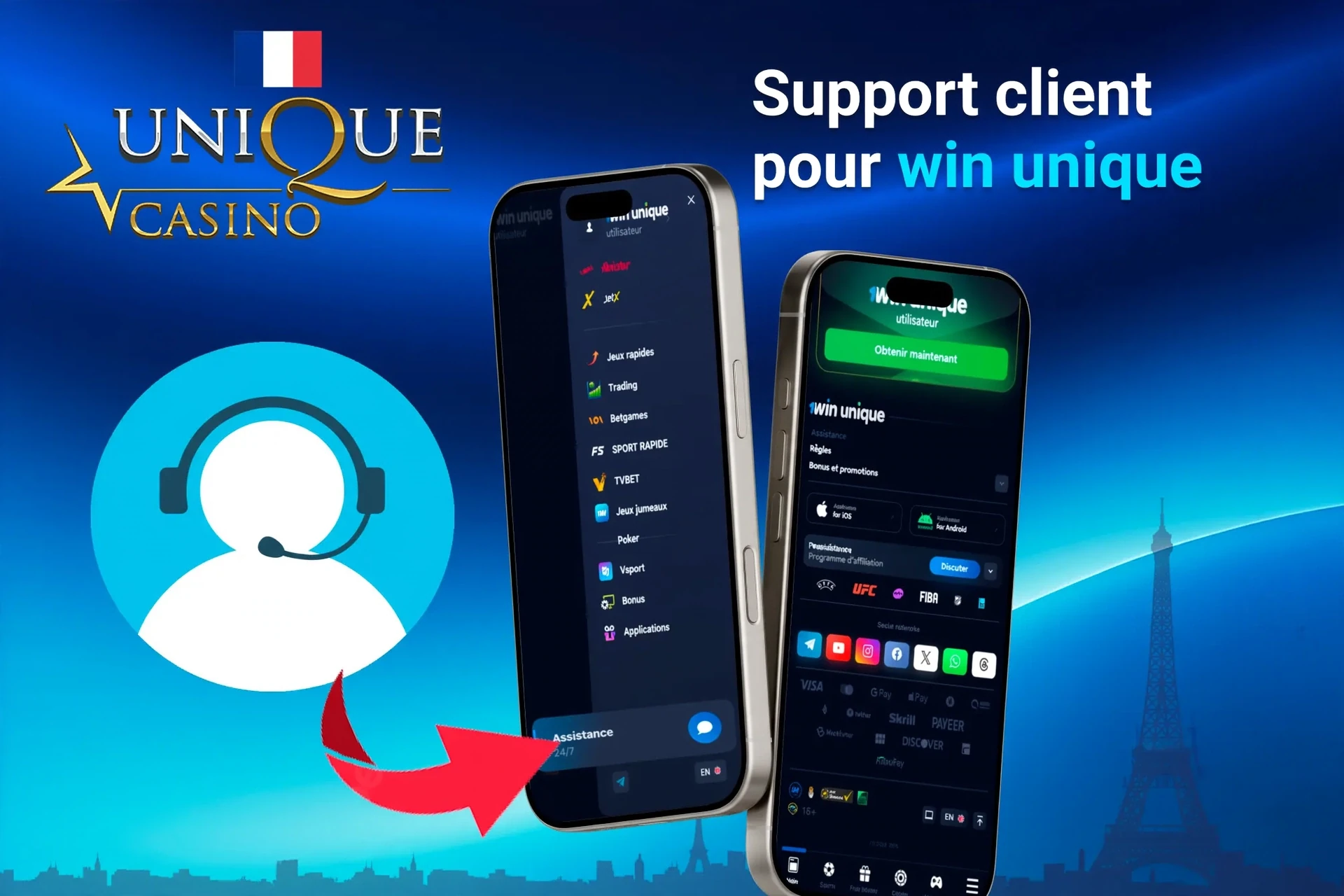 Fonction de support client de l'application, mettant en avant les options de contact via l'application