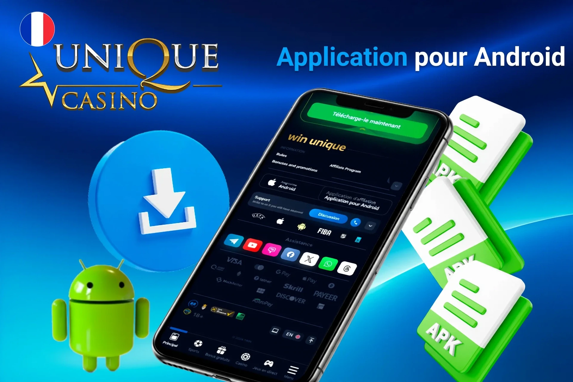 App for Android download process with APK file icons and Android mascot