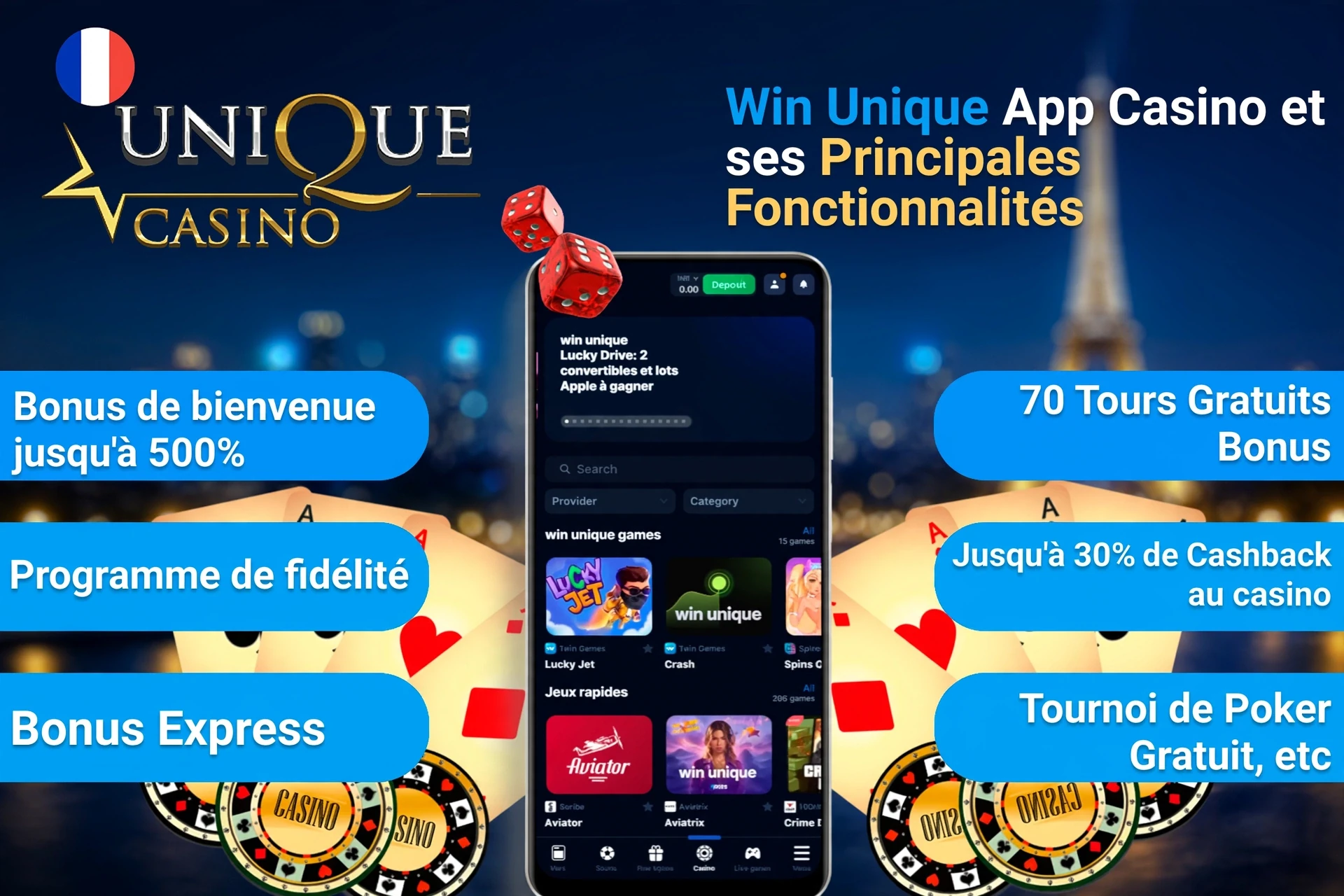 1Win App Casino top features including welcome bonus, loyalty program, and express bonus on mobile interface