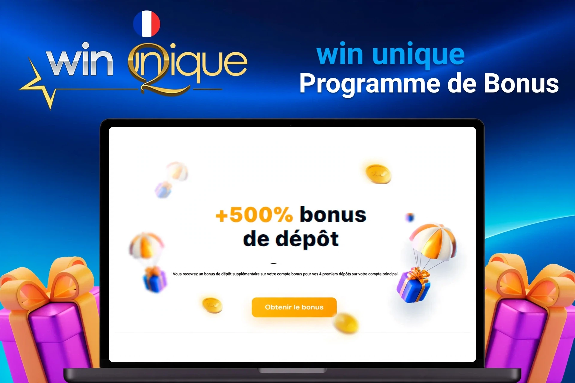Ordinateur portable montrant une offre de bonus de dépôt +500% avec des pièces flottantes et des cadeaux