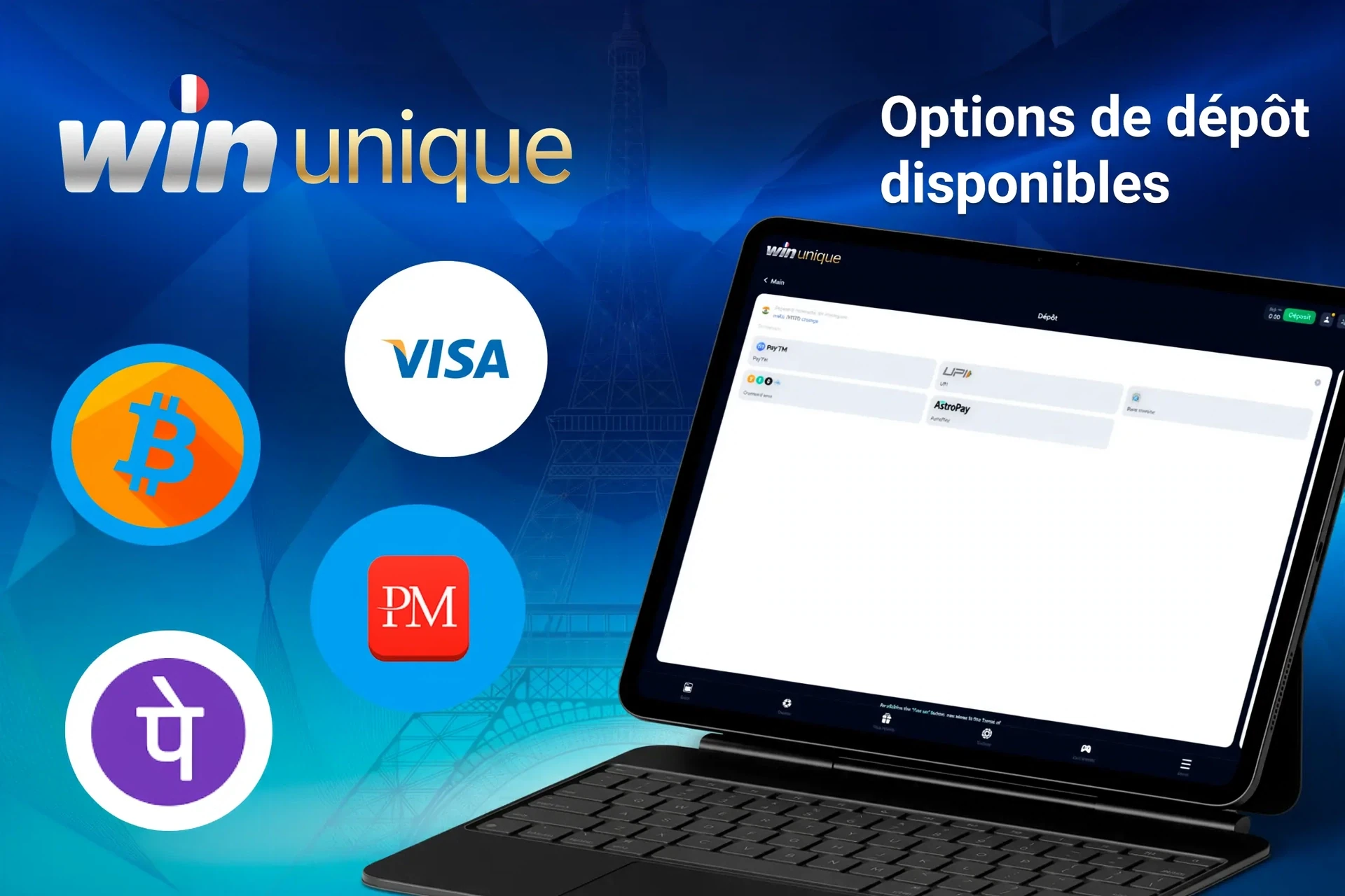 Options de dépôt disponibles sur la plateforme WinUnique, incluant Bitcoin, Visa, Carte bancaire, Paysafecard et Perfect Money, affichées sur une tablette