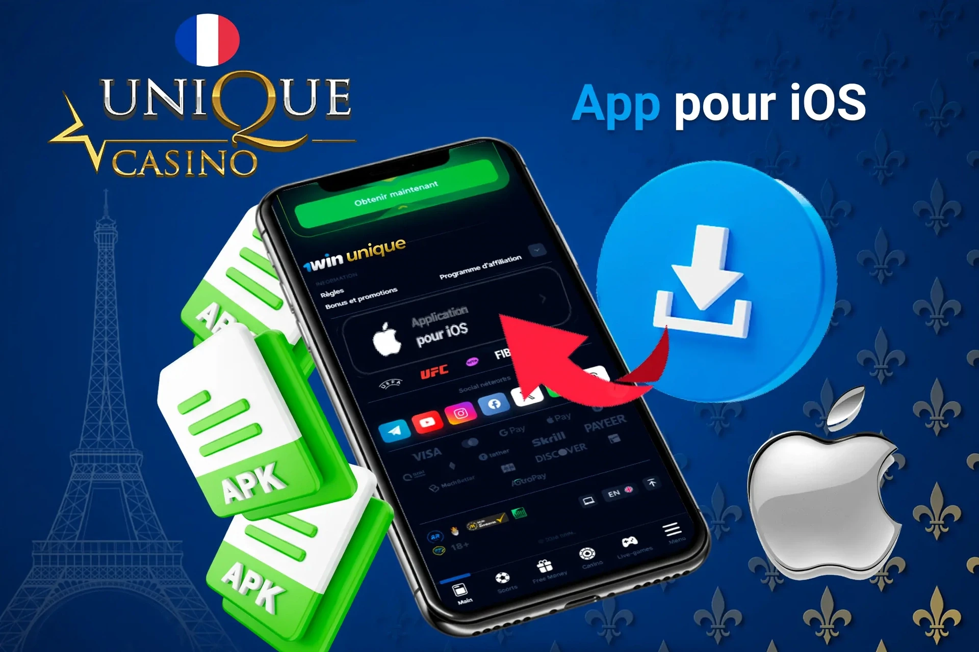 iOS app download screen with APK file icons and Apple logo
