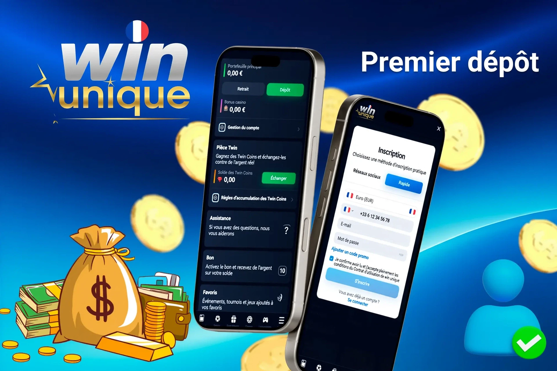 interface mobile montrant les étapes pour effectuer le premier dépôt, avec des icônes pour les options de paiement et l'inscription au bonus