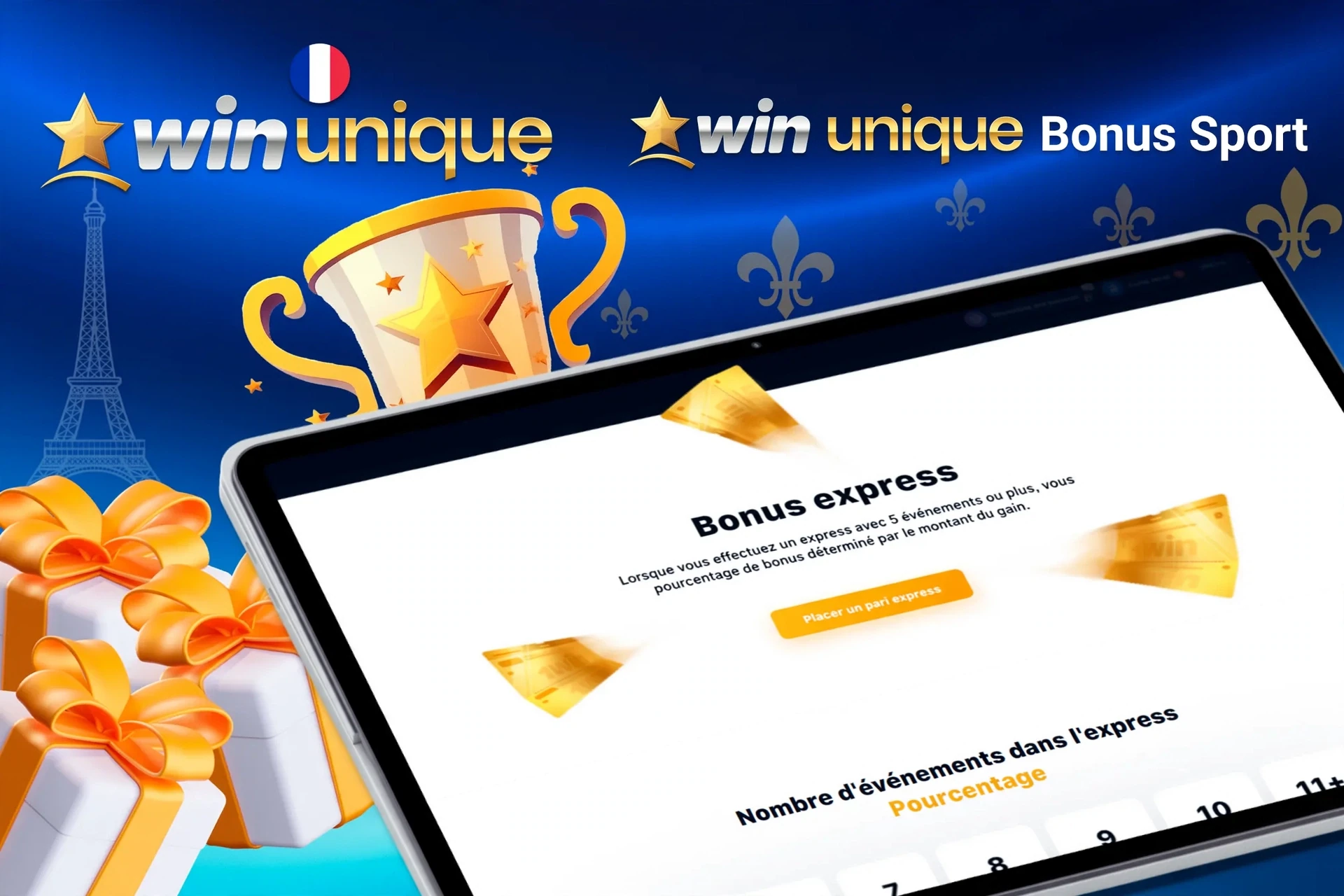 Écran de tablette avec offre de bonus express pour les paris sportifs de WinUnique, avec trophée et coffrets cadeaux.