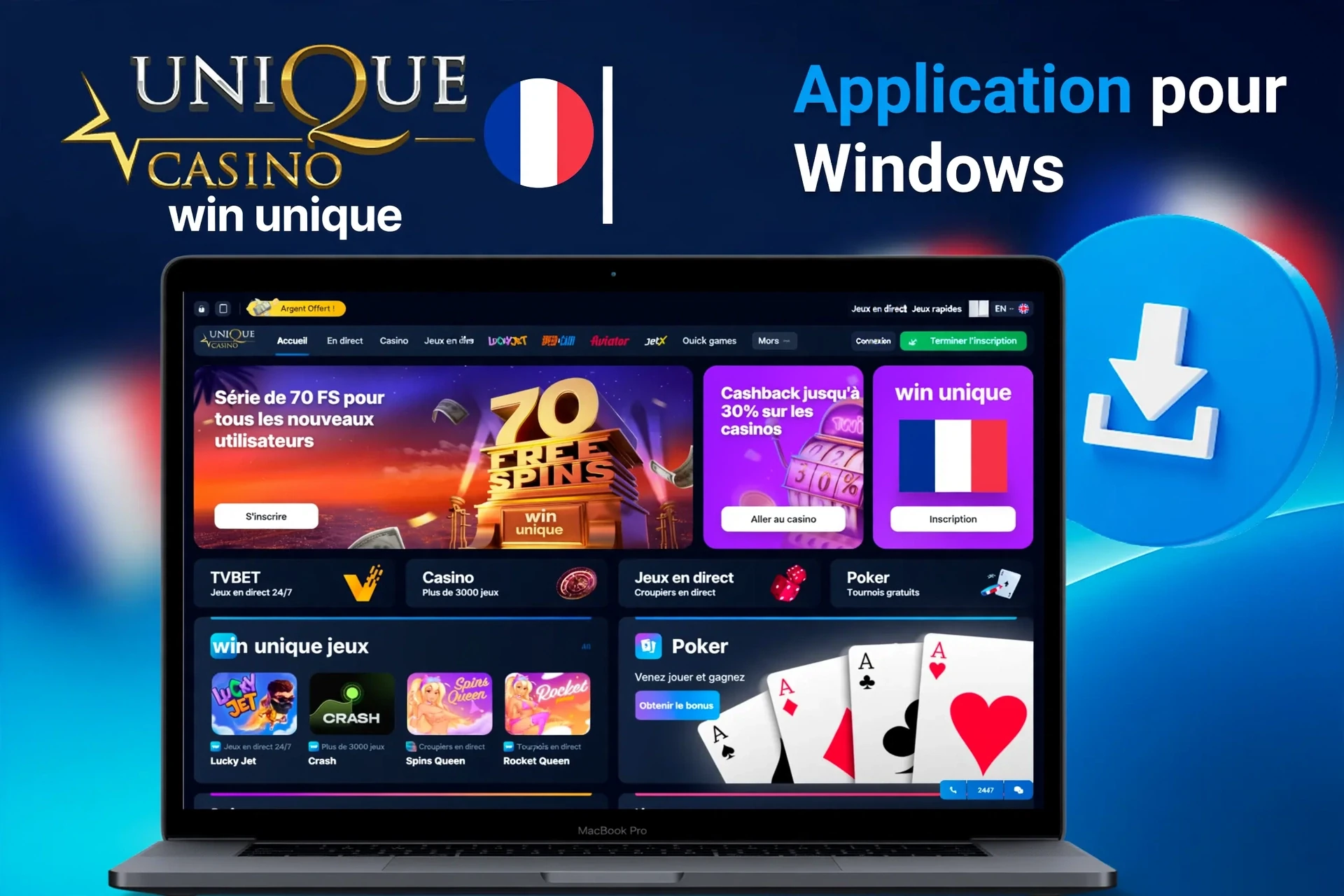 Application for Windows with download instructions and 70 free spins promotion