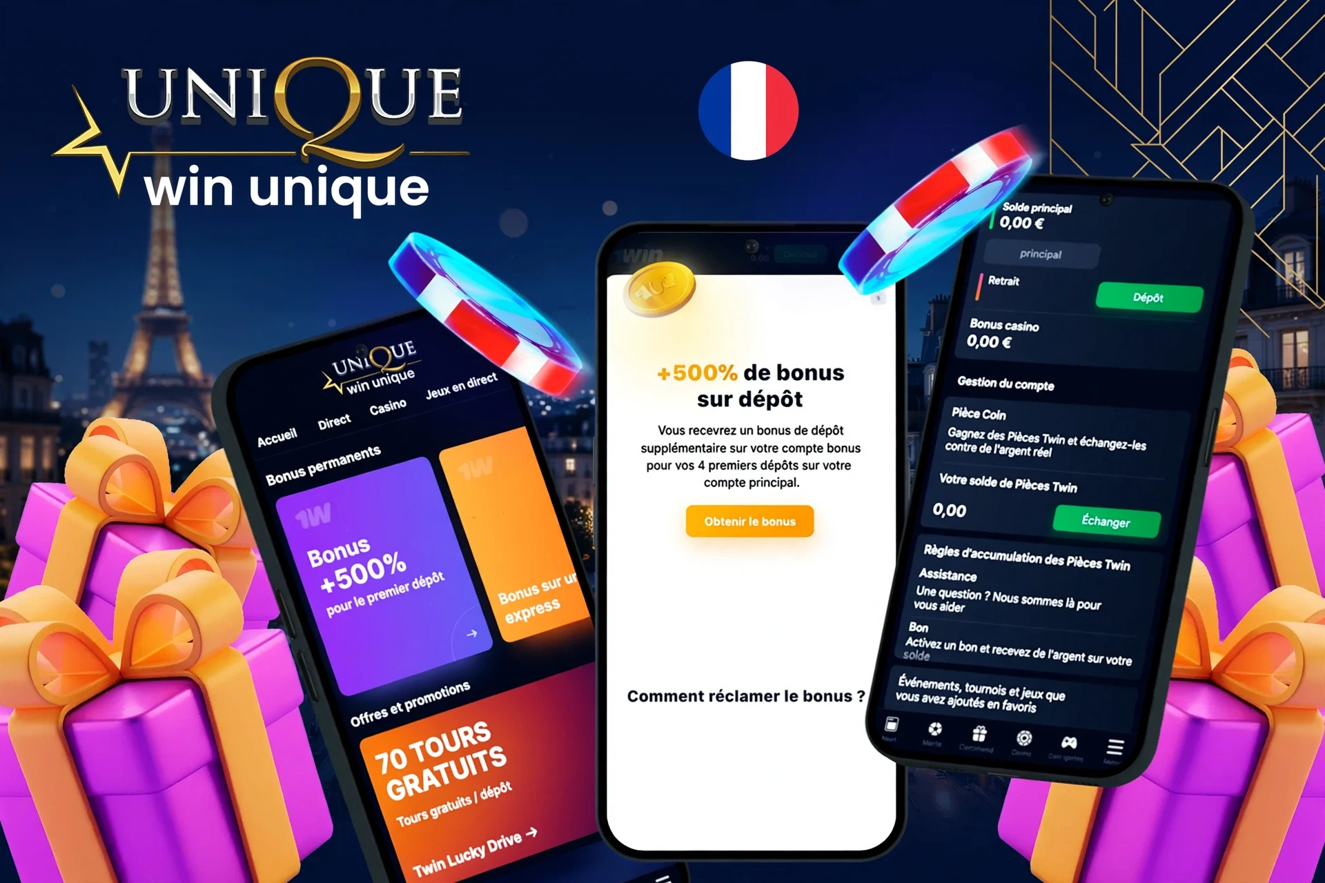 application montrant comment réclamer un bonus de dépôt de 200% sur mobile avec des éléments de jeu colorés