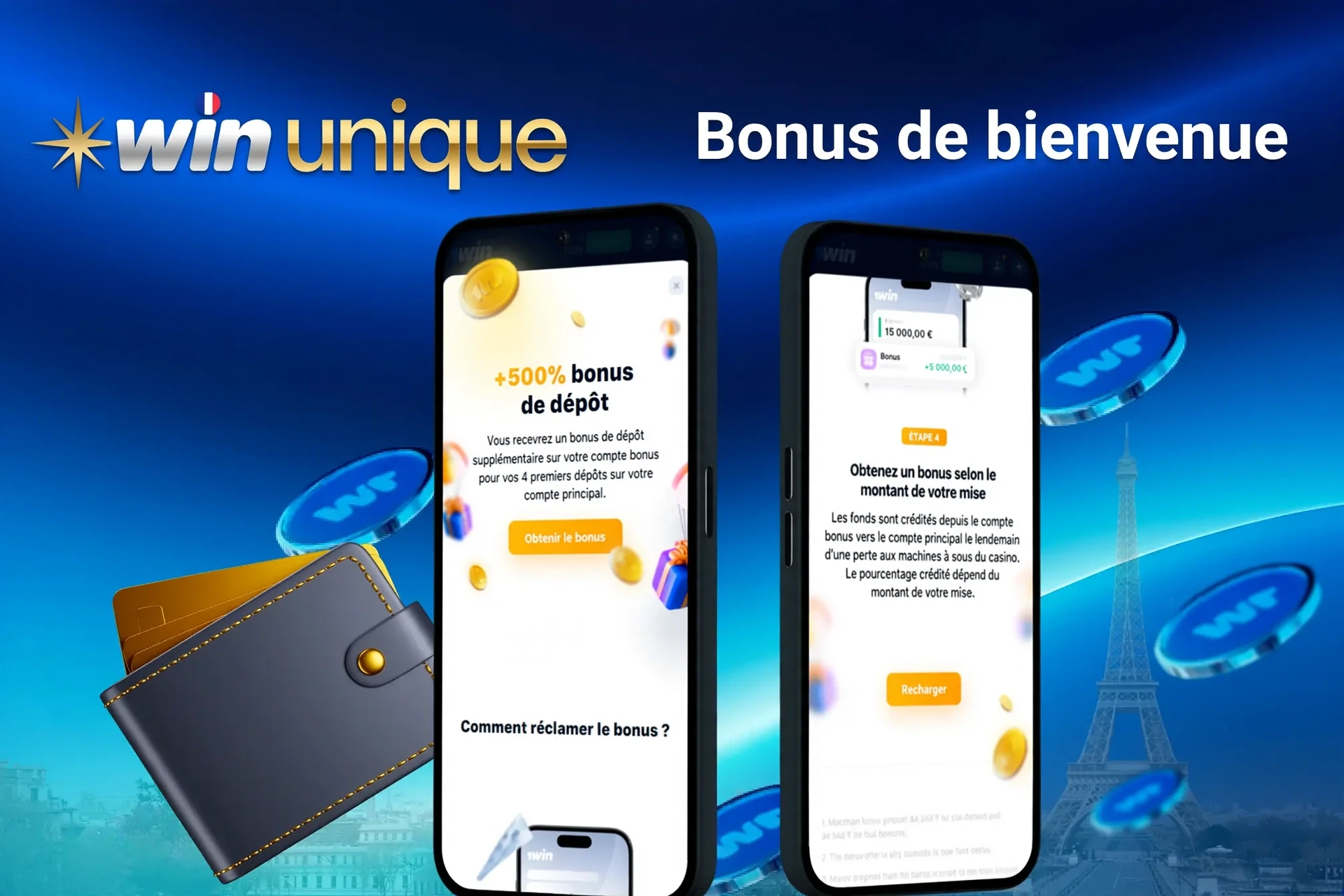 Écran du bonus de bienvenue WinUnique avec bonus de dépôt de +200% jusqu'à 500 € et 100 tours gratuits, affiché sur deux écrans mobiles