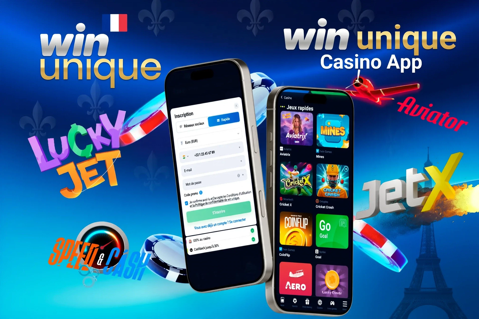 Écran d'inscription de l'application du casino WinUnique avec des jeux rapides comme Aviatrix et JetX