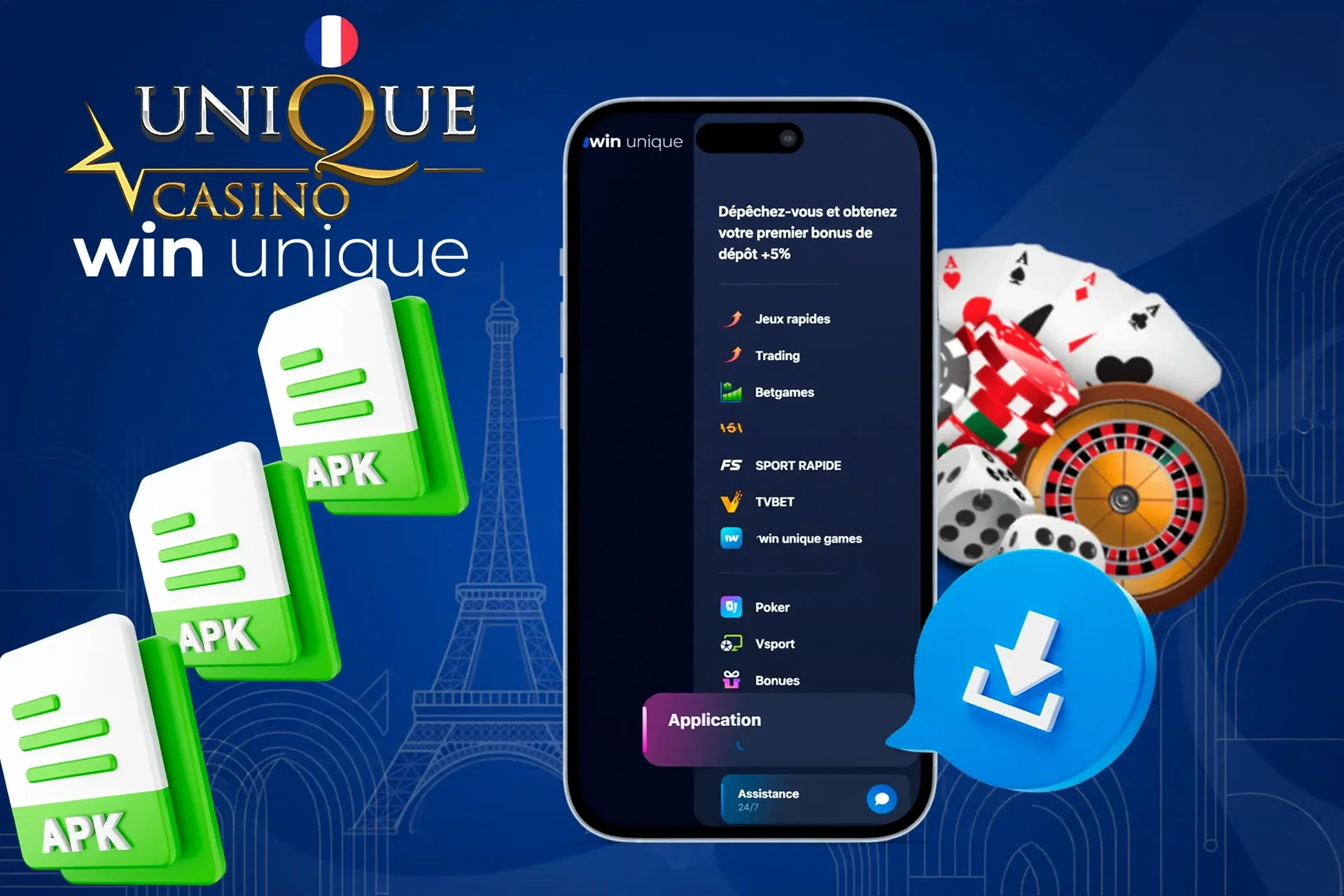 application WinUnique avec icônes de fichiers APK et jetons de casino illustrant l'accès mobile aux jeux WinUnique