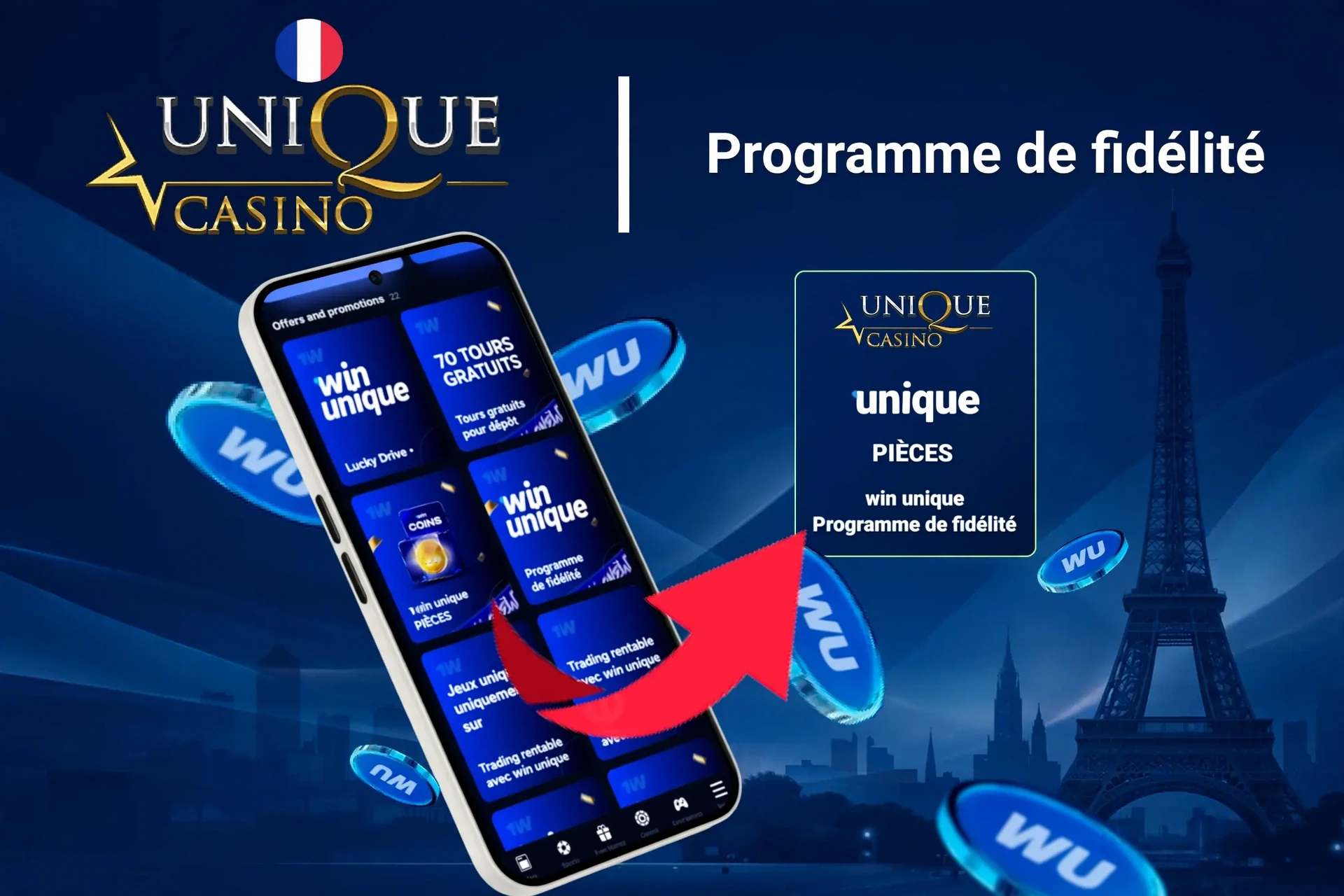 Application mobile montrant le programme de fidélité WinUnique et des offres comme des tours gratuits et Lucky Drive.