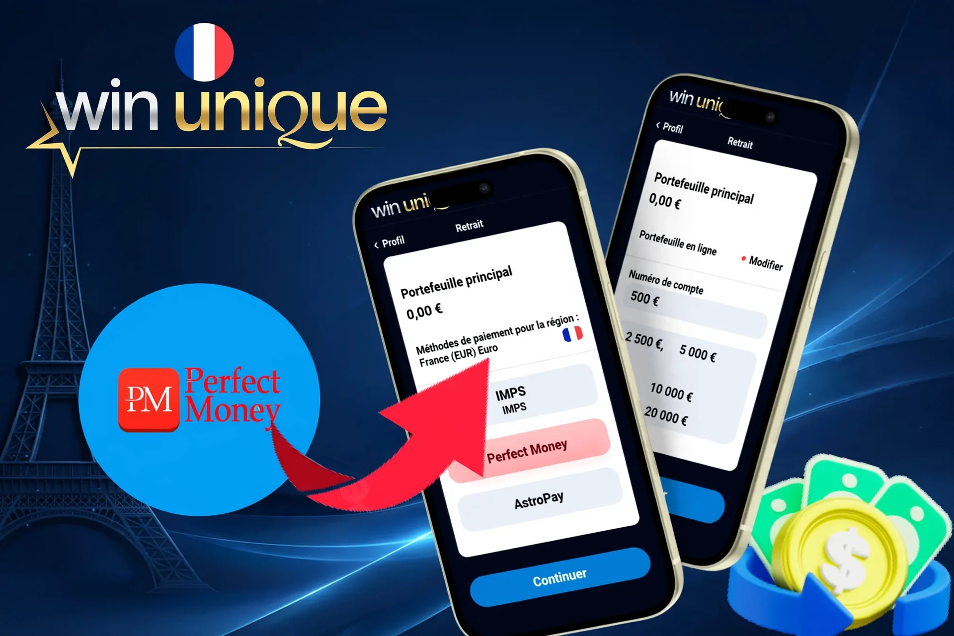 options de retrait, présentant Perfect Money, AstroPay et d'autres services de portefeuille, affichées sur une interface mobile