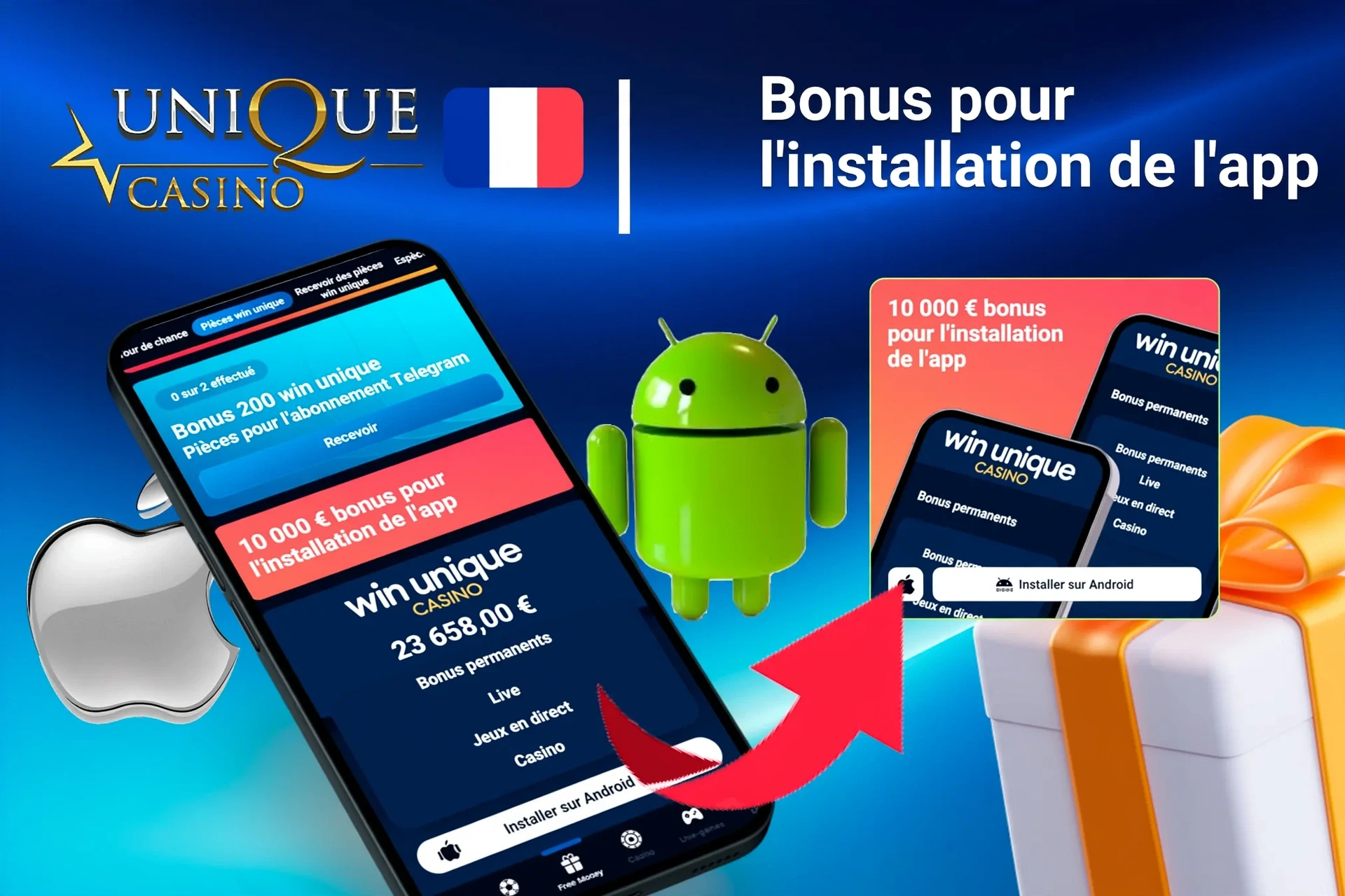 Offre de bonus WinUnique pour l'installation de l'application mobile avec logos Android et Apple, et des boîtes cadeaux