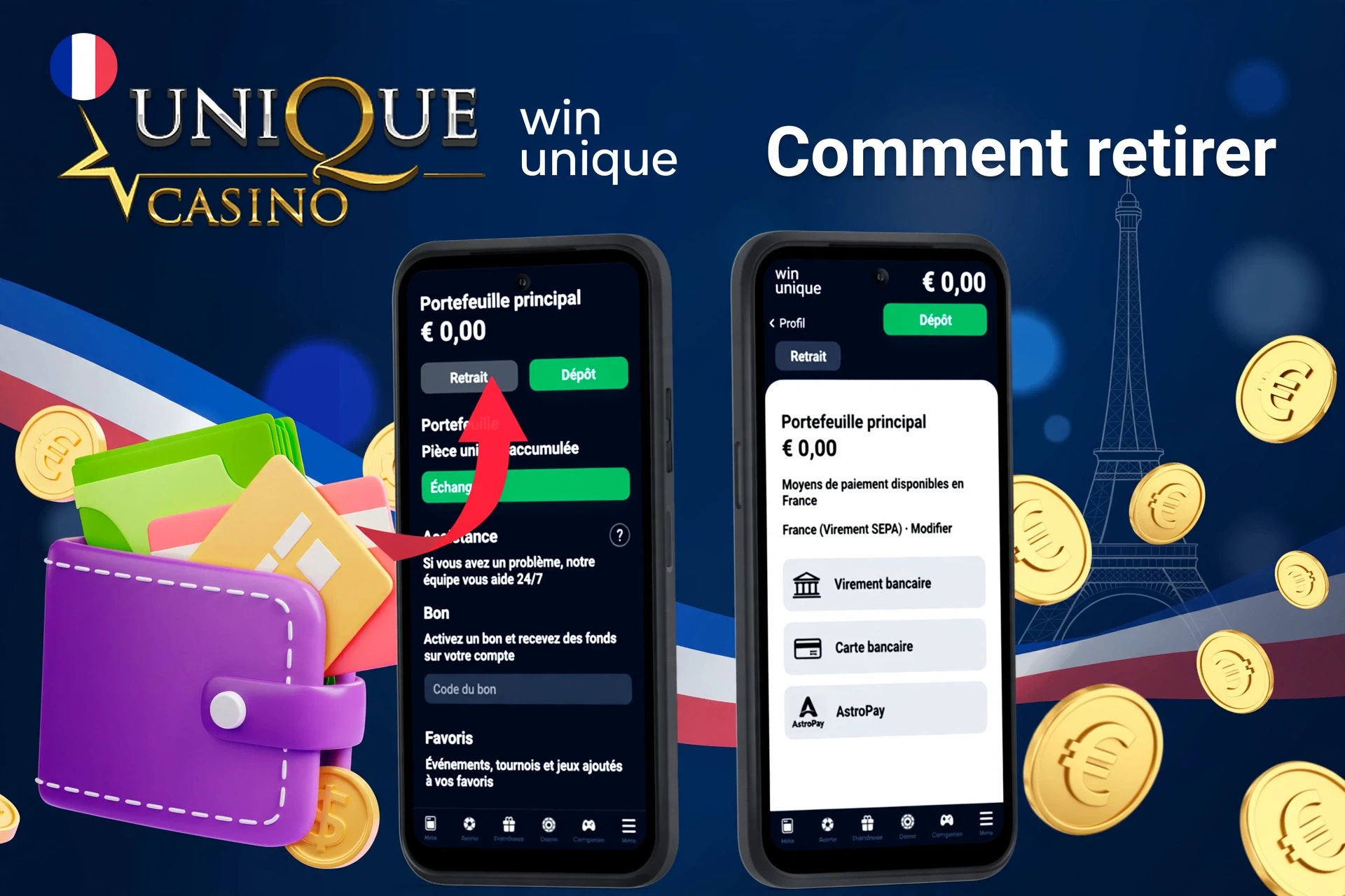 interface mobile montrant le processus de retrait avec une flèche pointant vers les options de retrait et le solde disponible du portefeuille