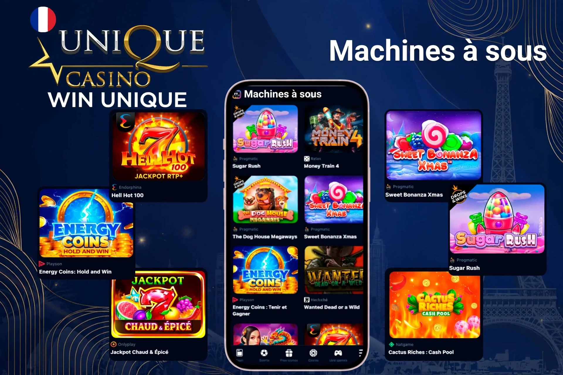 Machines à sous présentant des titres populaires comme Sugar Rush, Energy Coins et Hell Hot 100 sur mobile et ordinateur de bureau