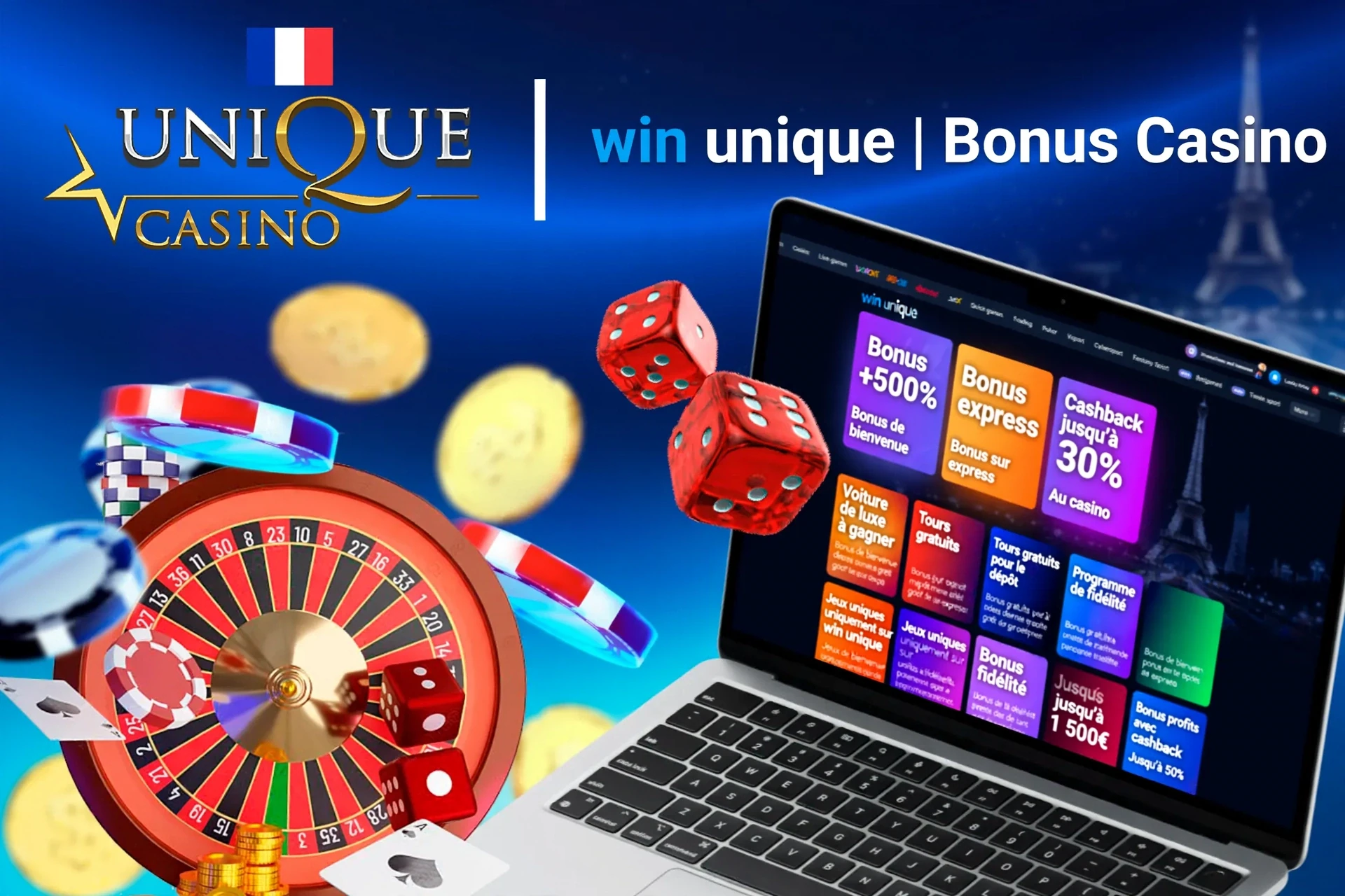 Écran d'ordinateur montrant diverses promotions du casino WinUnique avec roulette, dés et jetons de poker