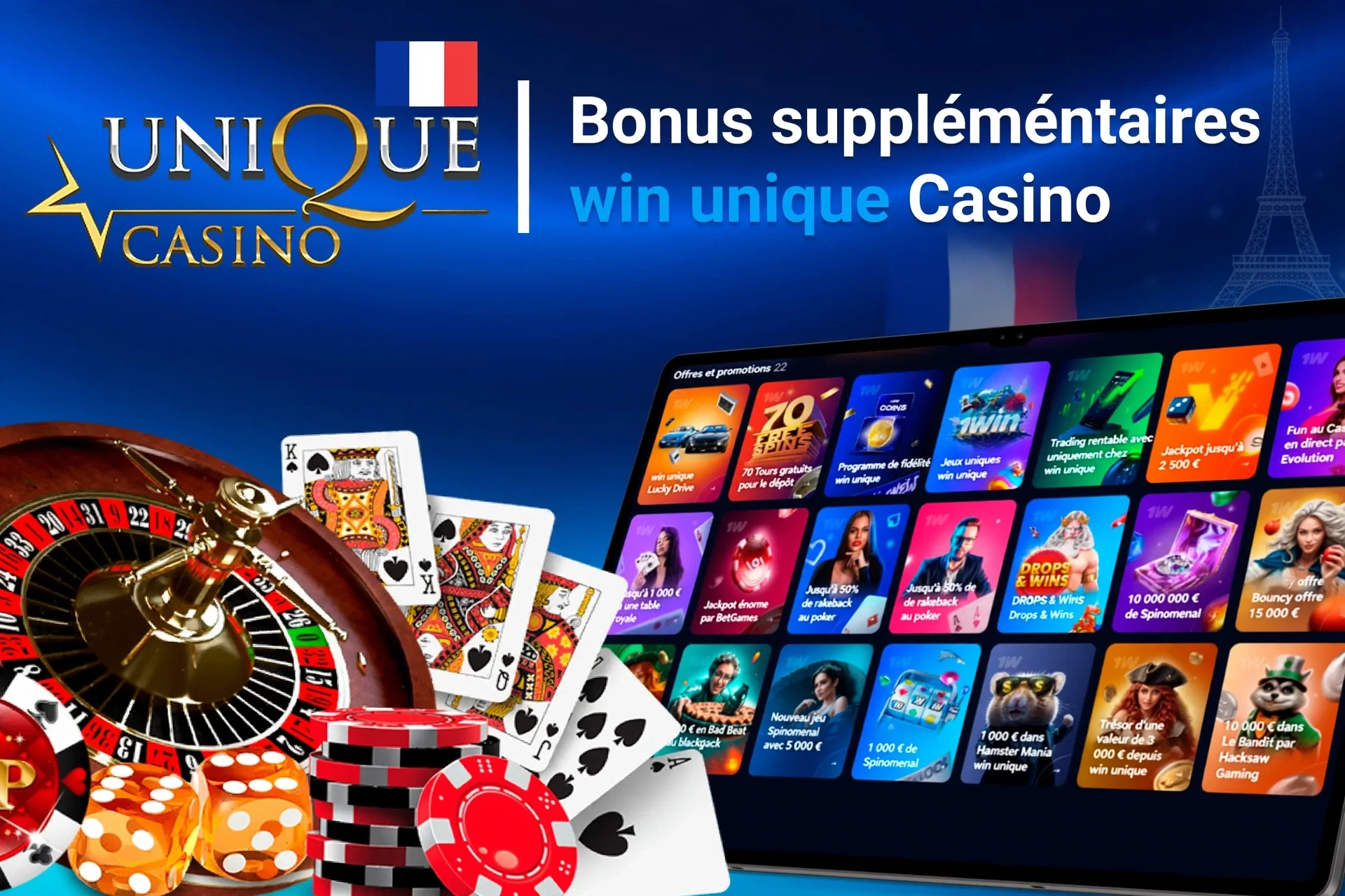 Application mobile montrant des offres de jeux de casino comme programme de fidélité et tours gratuits avec jetons et cartes
