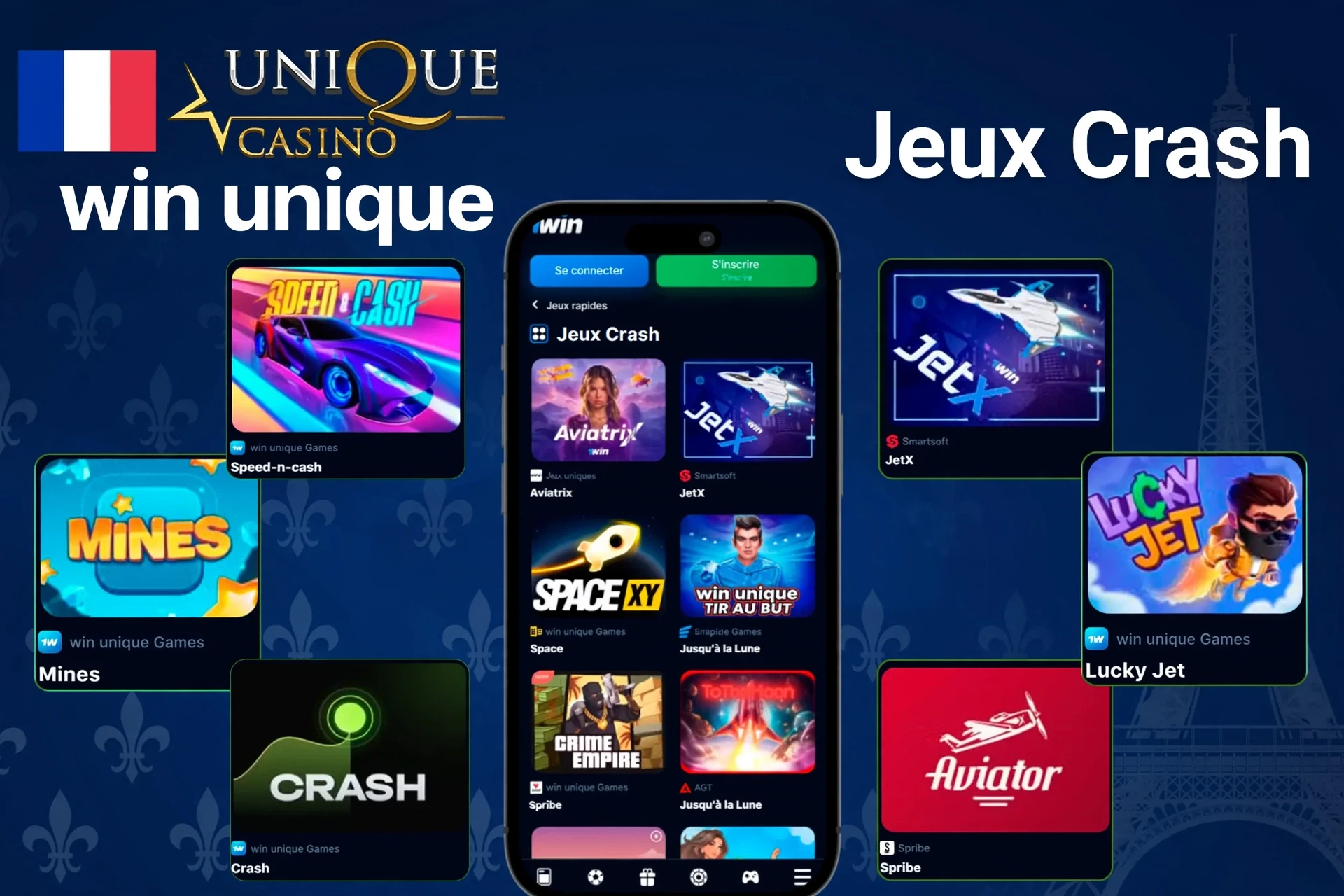 jeux crash tels que Mines, Speed-n-cash, JetX et Lucky Jet affichés sur l'application mobile